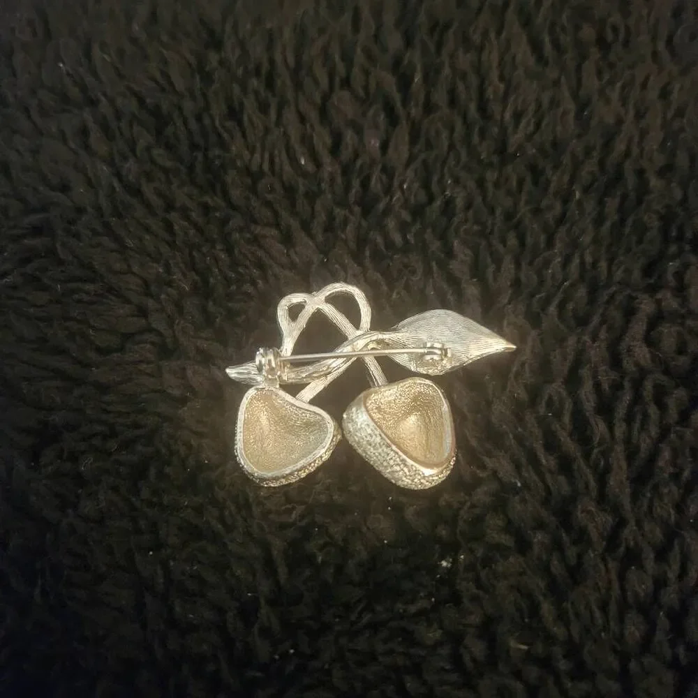 Vintage Costume Brooch Double Cherry Brushed Silver Tone‎